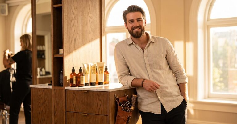 Independent hairstylist at his booth rental station, illustrating booth rent cost per station for 2026