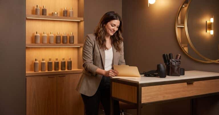 Independent hairstylist reviewing salon suite rental license requirements at her private styling station