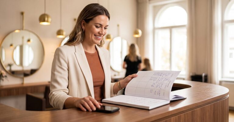 Salon receptionist reviewing a handwritten appointment book at the front desk while comparing booking software options